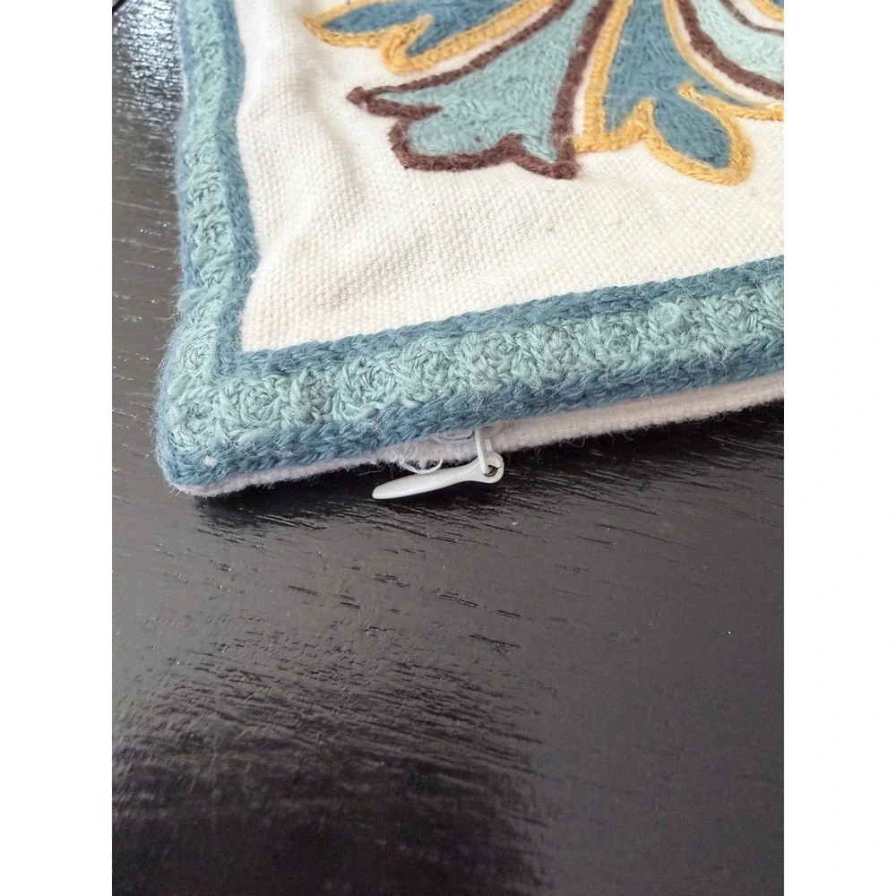 Alpha Home Embroidered Damask Medallion Throw Pillow Cover Teal Ochre Blue White